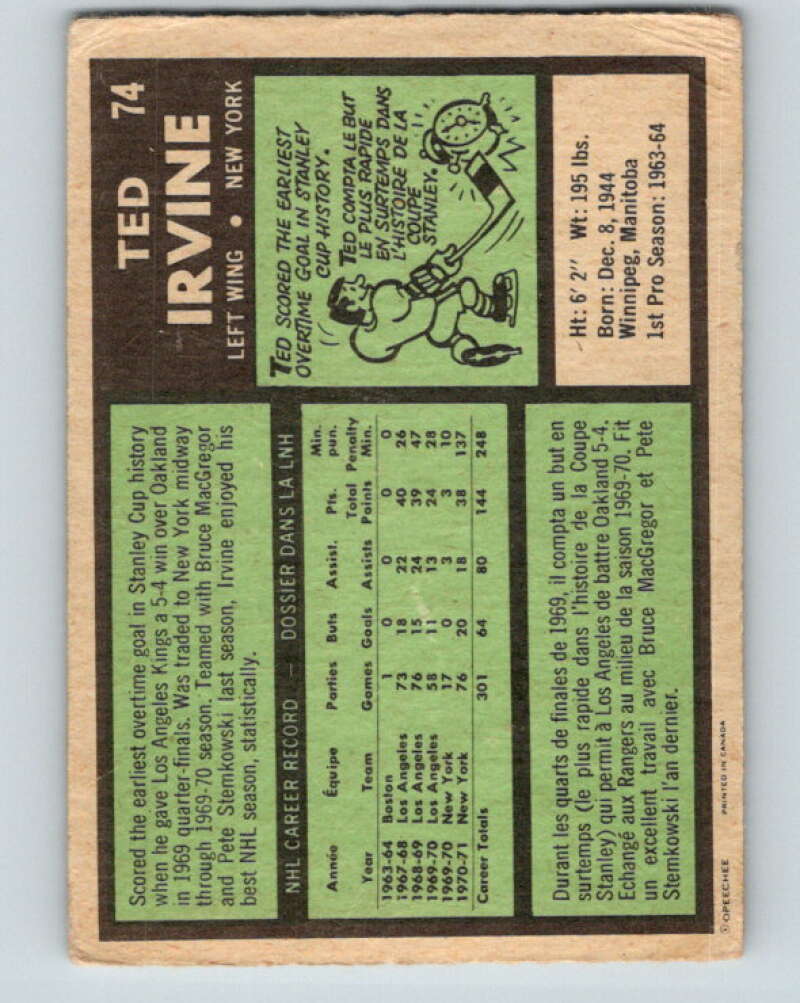 1971-72 O-Pee-Chee #74 Ted Irvine  New York Rangers  V9180