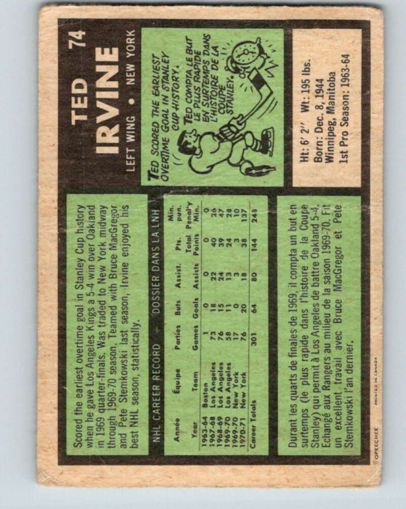 1971-72 O-Pee-Chee #74 Ted Irvine  New York Rangers  V9181