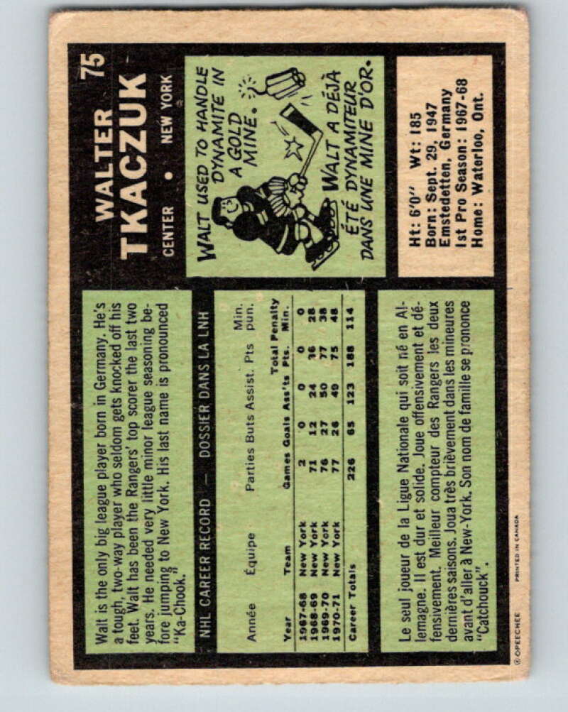 1971-72 O-Pee-Chee #75 Walt Tkaczuk  New York Rangers  V9182