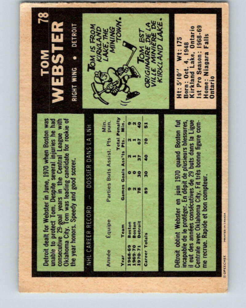 1971-72 O-Pee-Chee #78 Tom Webster  Detroit Red Wings  V9188