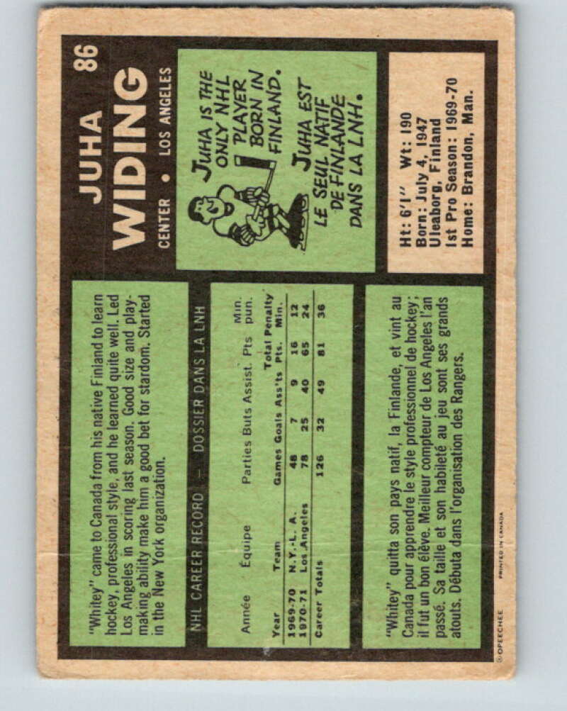 1971-72 O-Pee-Chee #86 Juha Widing  RC Rookie Los Angeles Kings  V9210