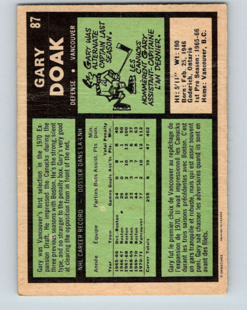 1971-72 O-Pee-Chee #87 Gary Doak  Vancouver Canucks  V9211