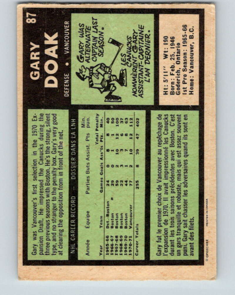 1971-72 O-Pee-Chee #87 Gary Doak  Vancouver Canucks  V9212