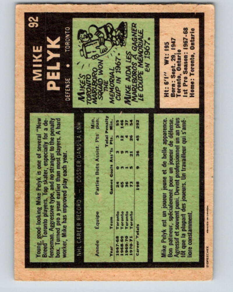 1971-72 O-Pee-Chee #92 Mike Pelyk  Toronto Maple Leafs  V9222