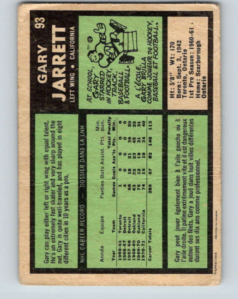 1971-72 O-Pee-Chee #93 Gary Jarrett  California Golden Seals  V9225