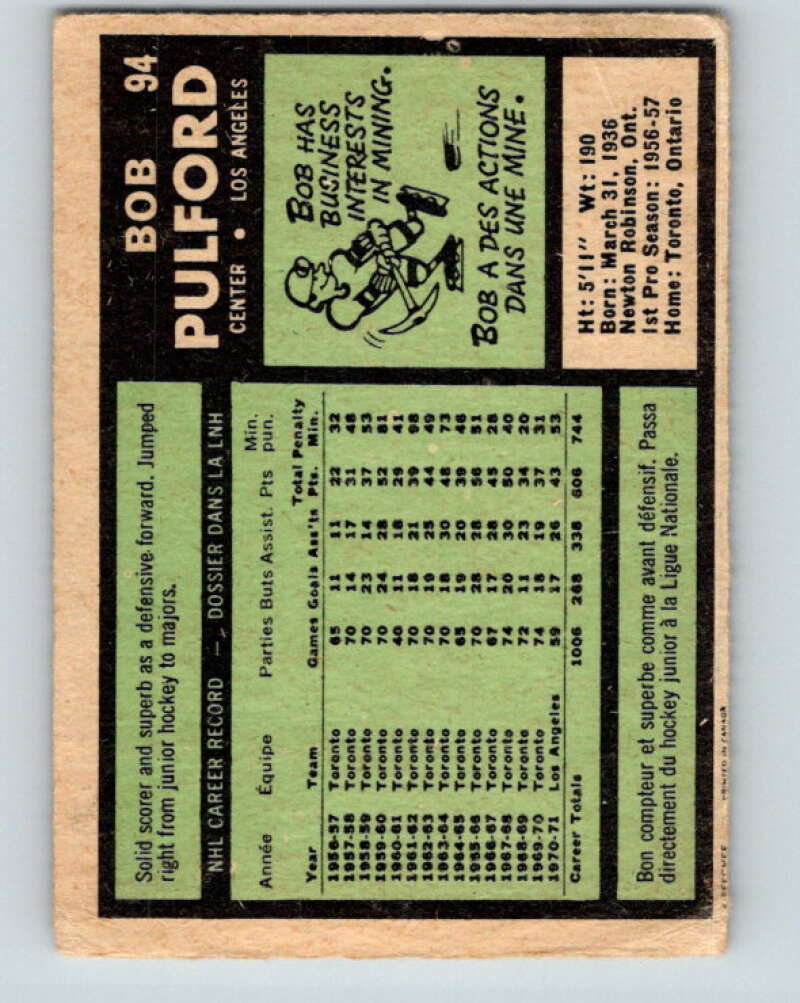 1971-72 O-Pee-Chee #94 Bob Pulford  Los Angeles Kings  V9226