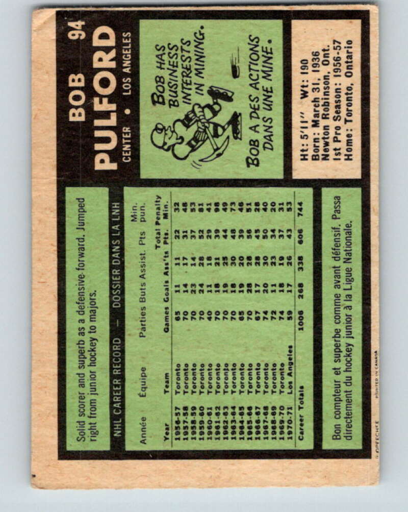 1971-72 O-Pee-Chee #94 Bob Pulford  Los Angeles Kings  V9228