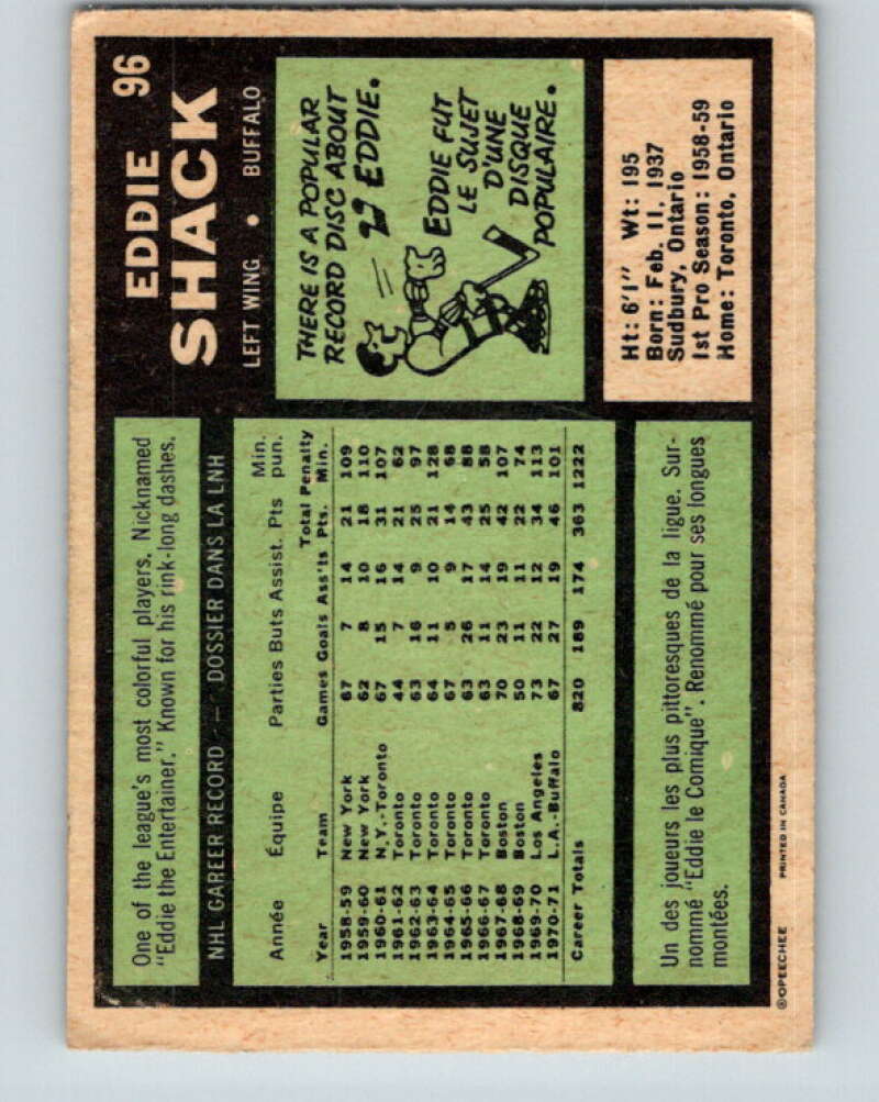 1971-72 O-Pee-Chee #96 Eddie Shack  Buffalo Sabres  V9237