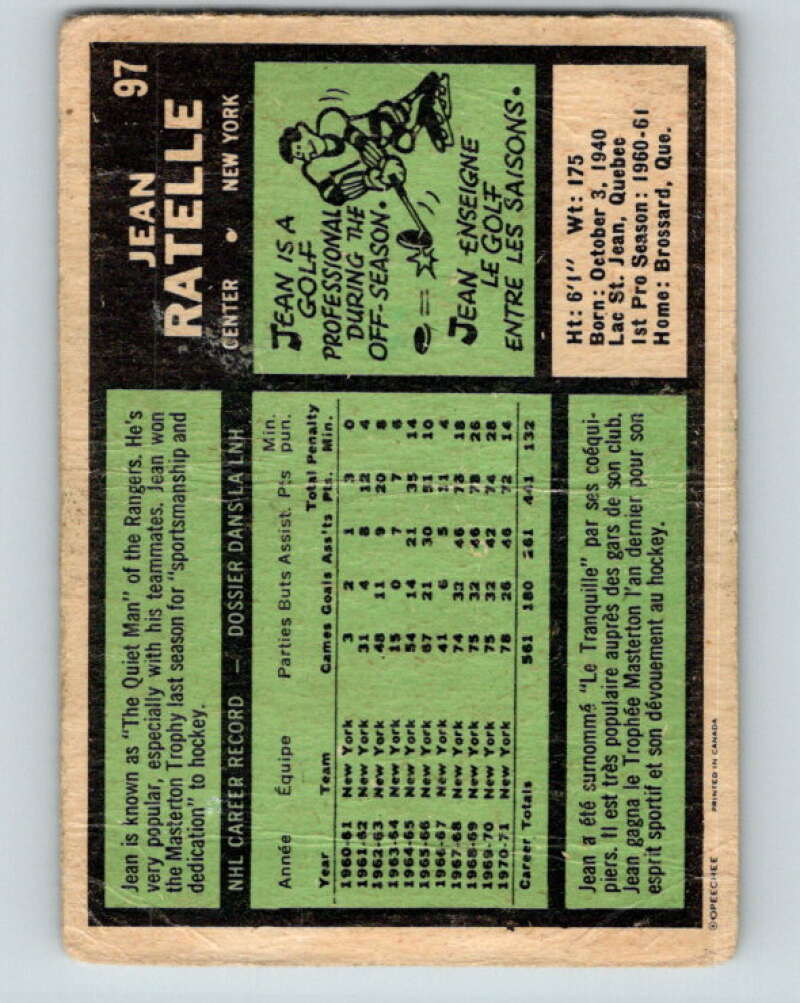 1971-72 O-Pee-Chee #97 Jean Ratelle  New York Rangers  V9238
