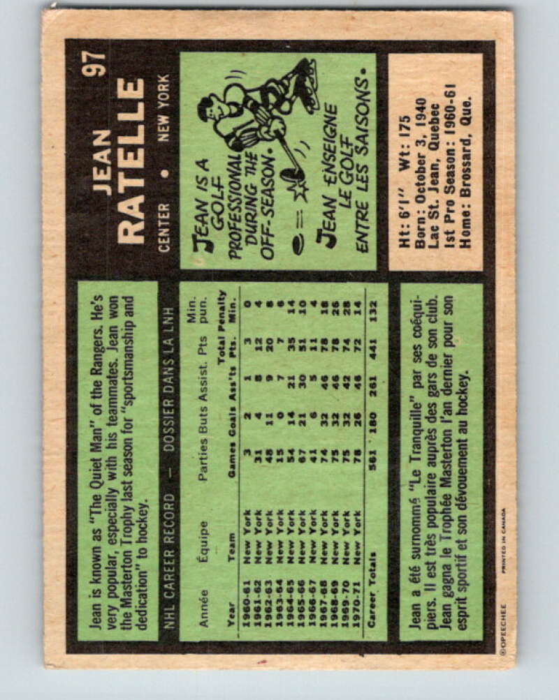 1971-72 O-Pee-Chee #97 Jean Ratelle  New York Rangers  V9239