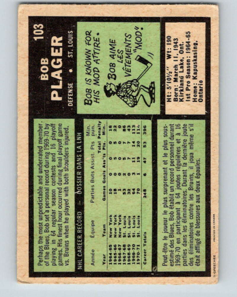 1971-72 O-Pee-Chee #103 Bob Plager UER  St. Louis Blues  V9250