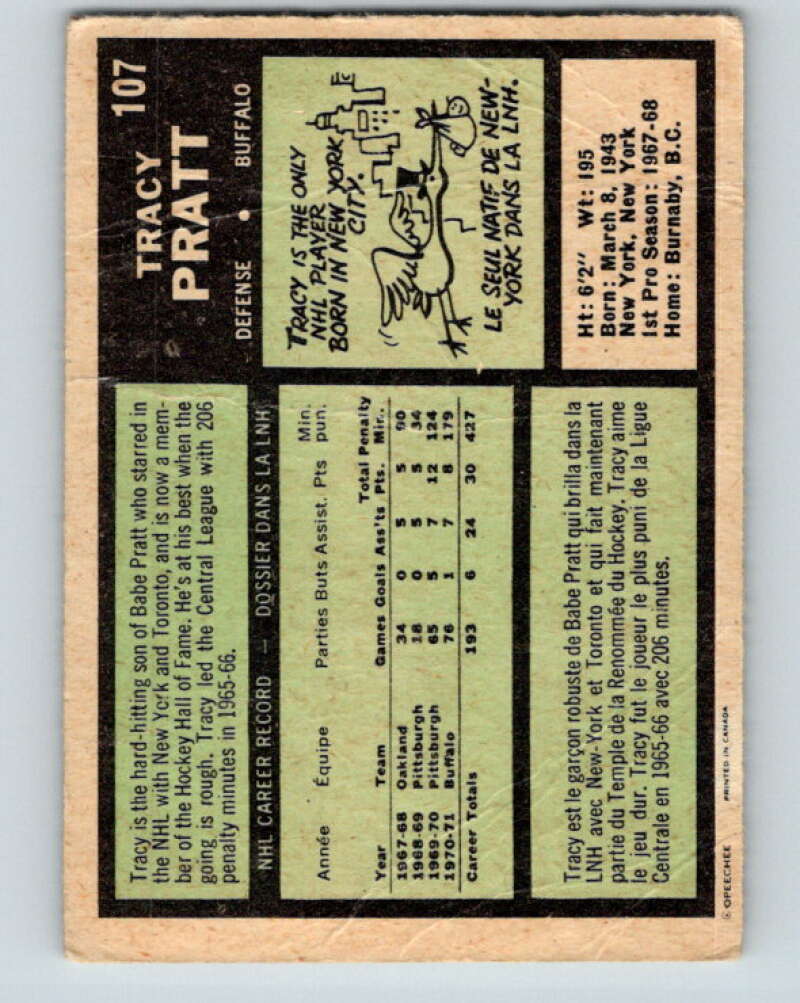 1971-72 O-Pee-Chee #107 Tracy Pratt  Buffalo Sabres  V9264