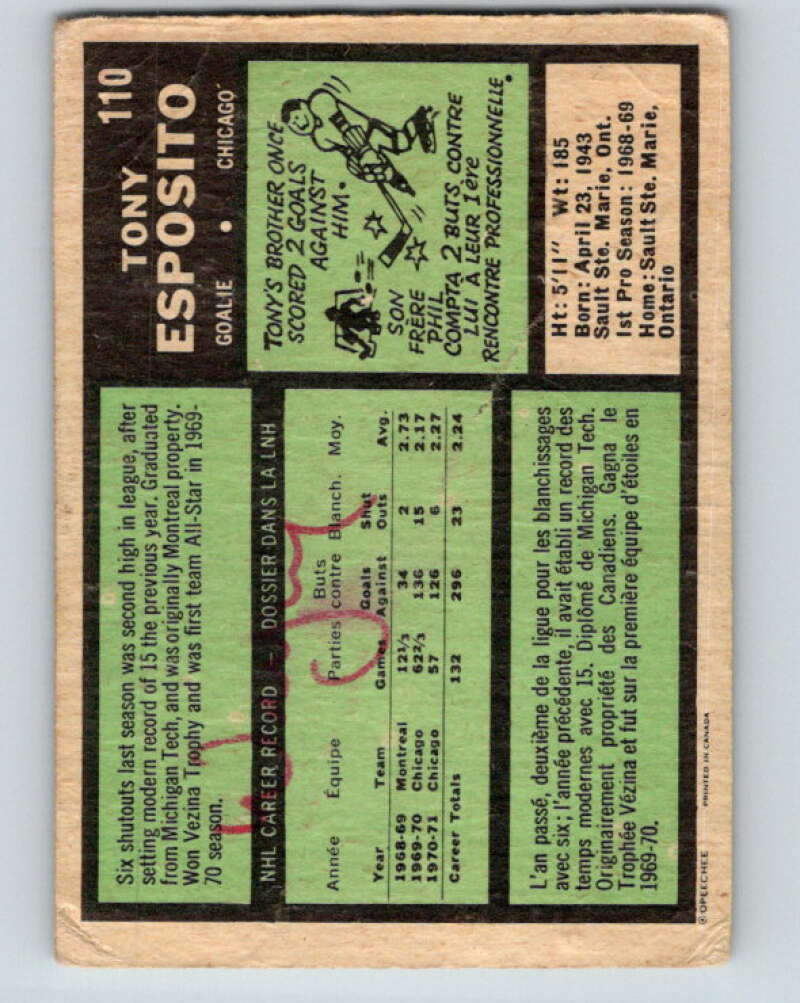 1971-72 O-Pee-Chee #110 Tony Esposito  Chicago Blackhawks  V9268