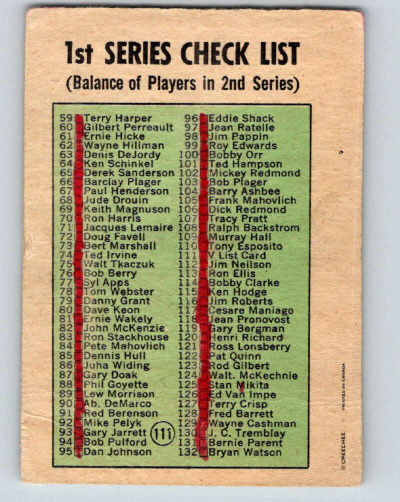 1971-72 O-Pee-Chee #111 Checklist   V9272