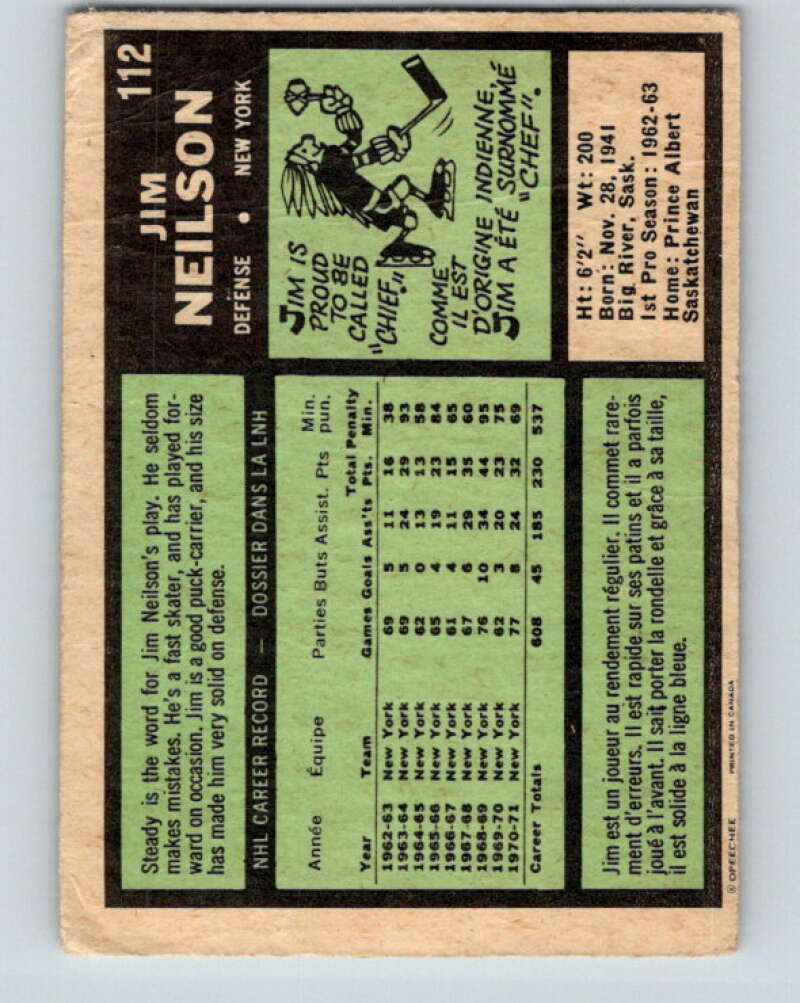 1971-72 O-Pee-Chee #112 Jim Neilson  New York Rangers  V9273