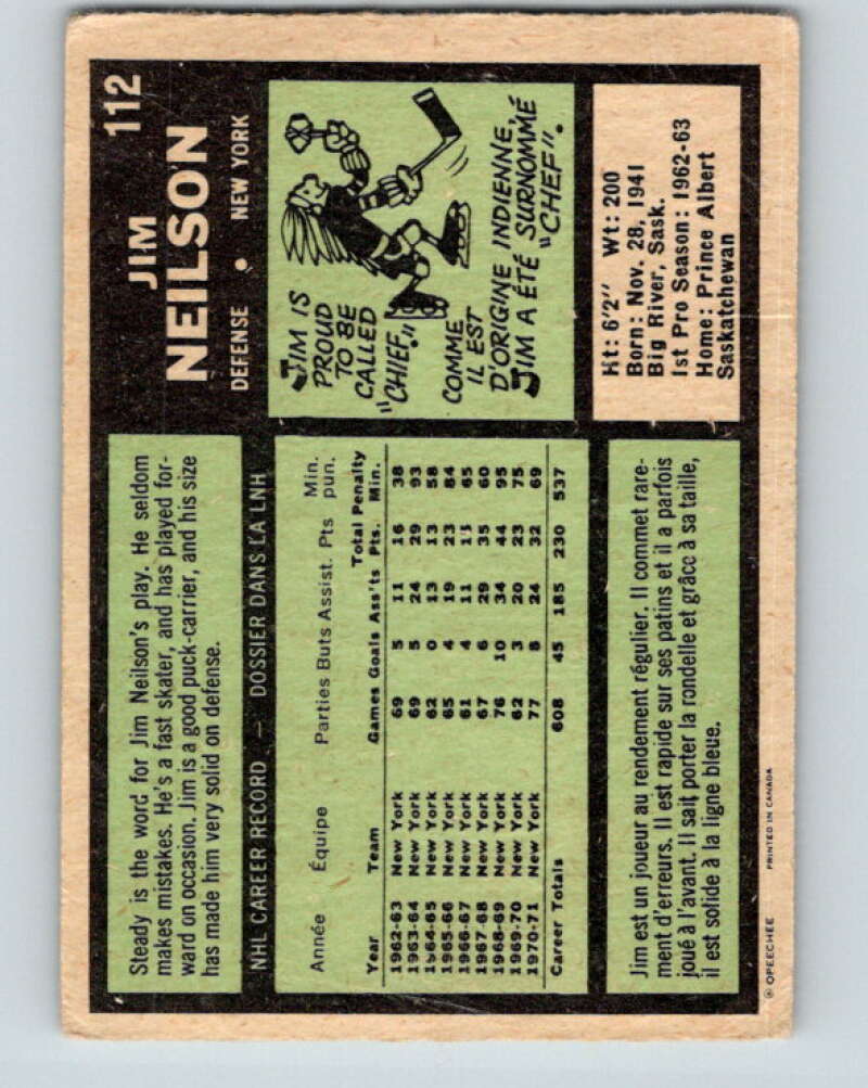 1971-72 O-Pee-Chee #112 Jim Neilson  New York Rangers  V9274