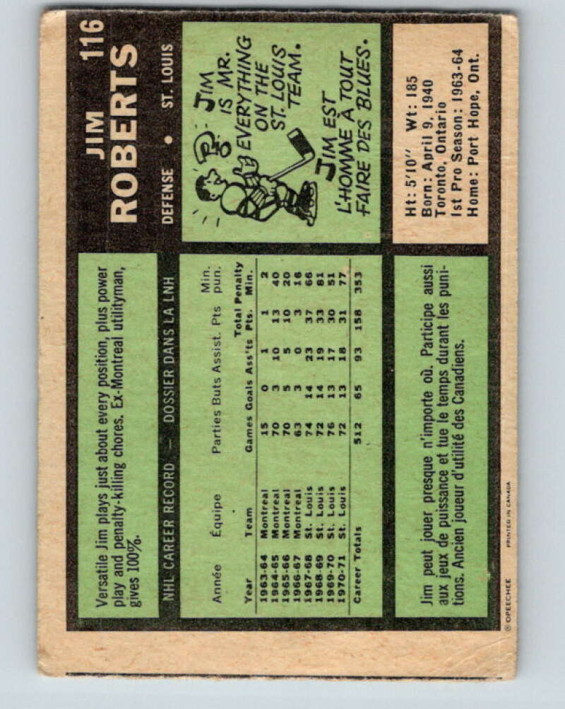 1971-72 O-Pee-Chee #116 Jim Roberts  St. Louis Blues  V9278