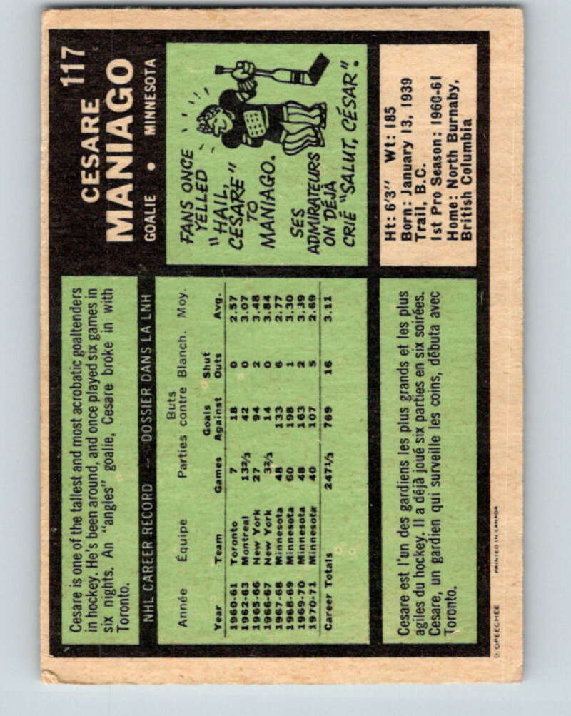 1971-72 O-Pee-Chee #117 Cesare Maniago  Minnesota North Stars  V9279