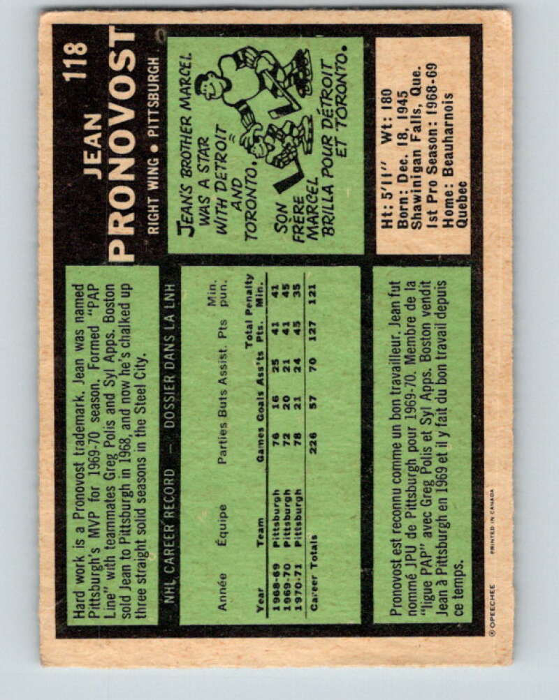 1971-72 O-Pee-Chee #118 Jean Pronovost  Pittsburgh Penguins  V9282