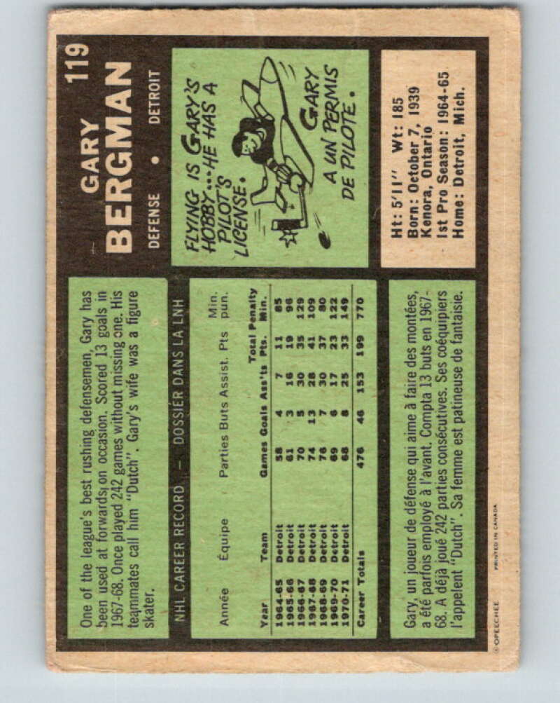 1971-72 O-Pee-Chee #119 Gary Bergman  Detroit Red Wings  V9287