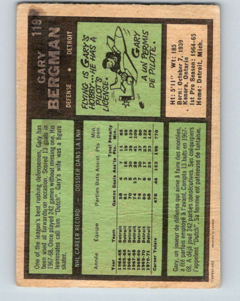 1971-72 O-Pee-Chee #119 Gary Bergman  Detroit Red Wings  V9288
