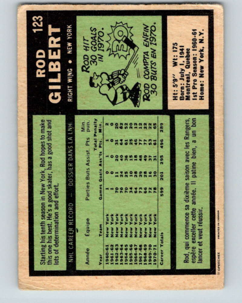 1971-72 O-Pee-Chee #123 Rod Gilbert  New York Rangers  V9298