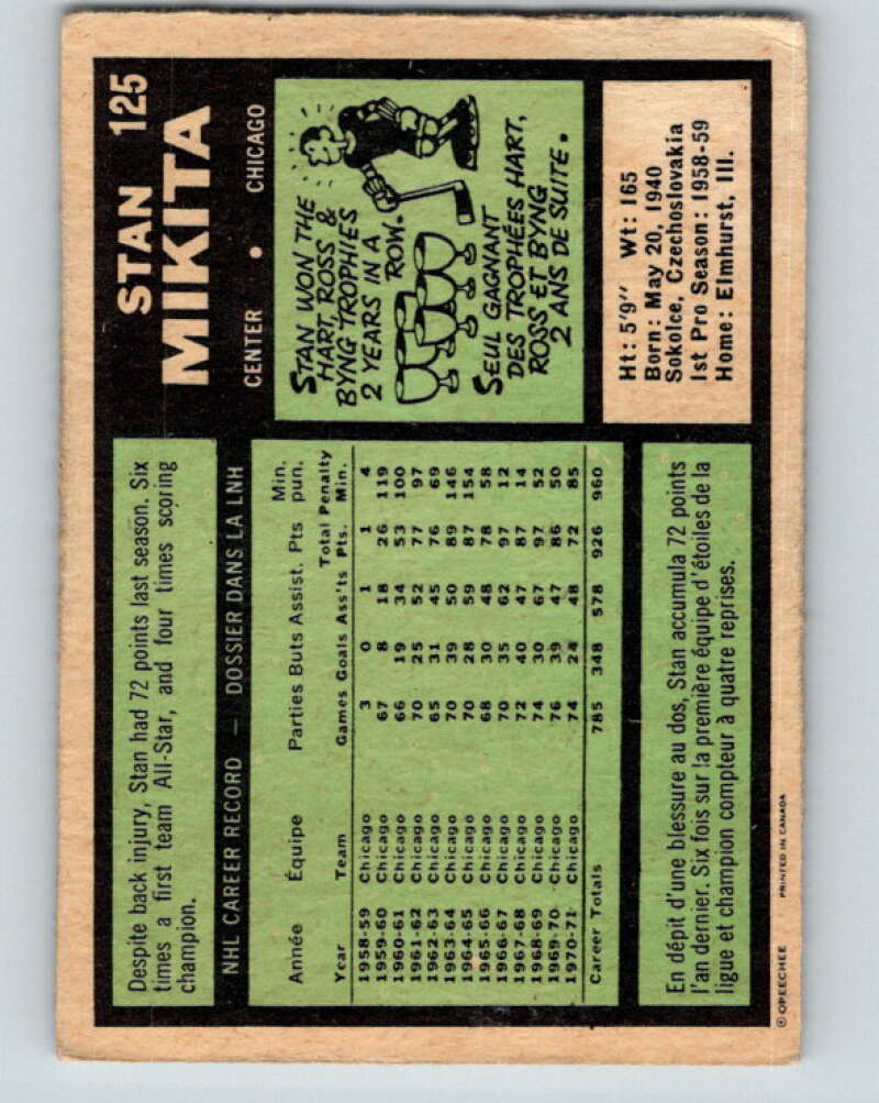 1971-72 O-Pee-Chee #125 Stan Mikita  Chicago Blackhawks  V9306