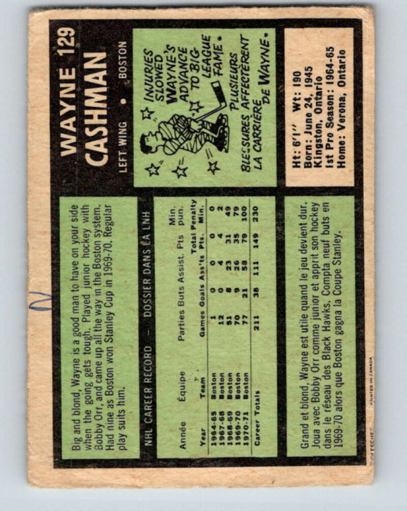 1971-72 O-Pee-Chee #129 Wayne Cashman  Boston Bruins  V9309