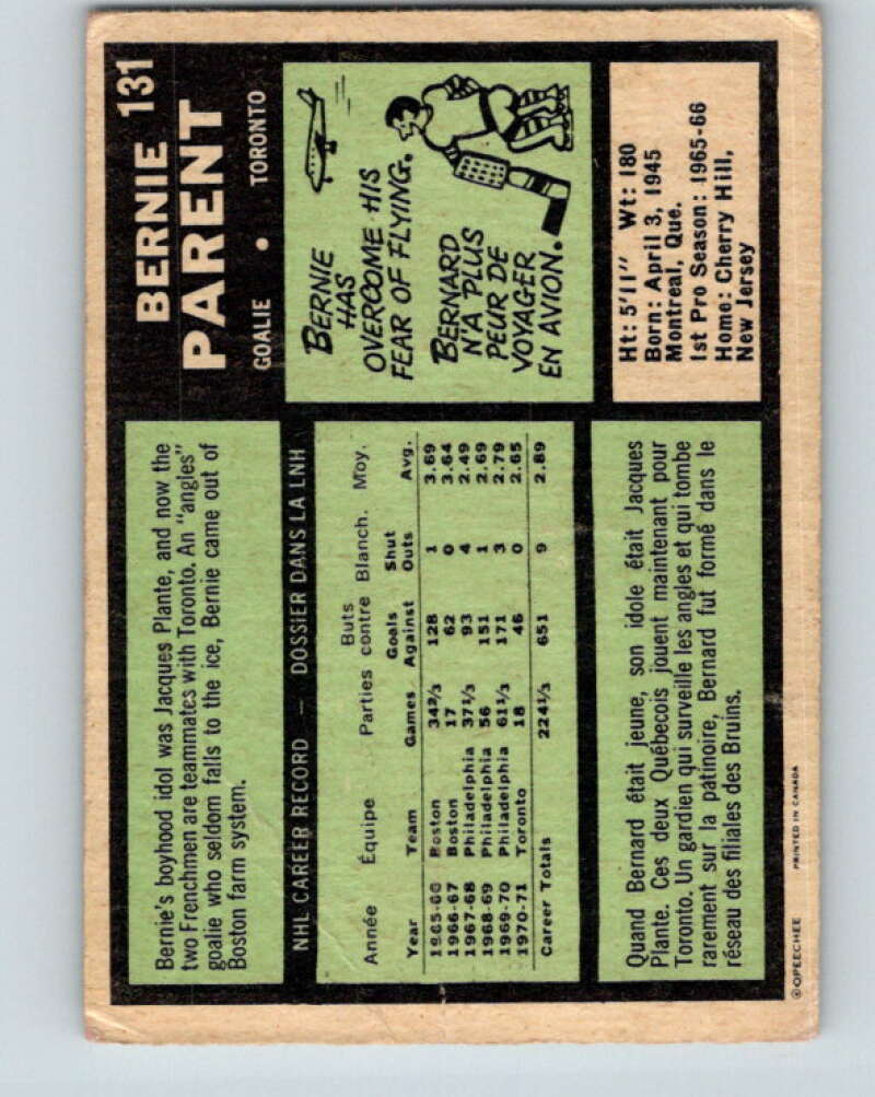 1971-72 O-Pee-Chee #131 Bernie Parent  Toronto Maple Leafs  V9313