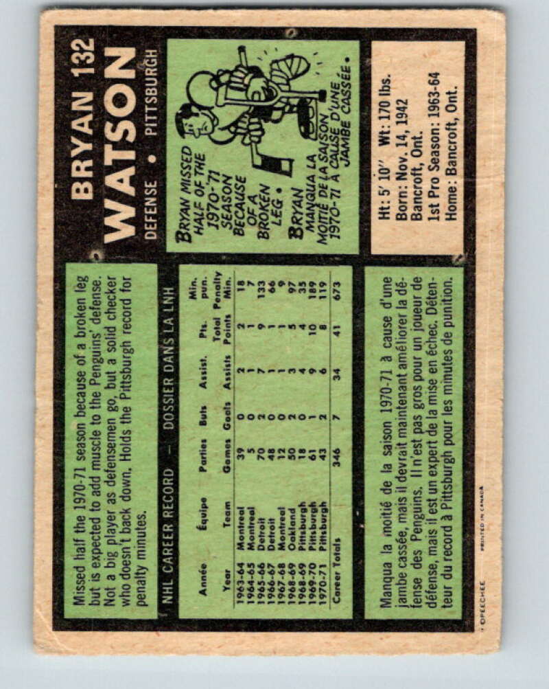 1971-72 O-Pee-Chee #132 Bryan Watson  Pittsburgh Penguins  V9315