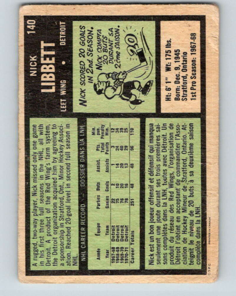 1971-72 O-Pee-Chee #140 Nick Libett  Detroit Red Wings  V9347