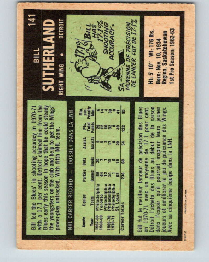 1971-72 O-Pee-Chee #141 Bill Sutherland  Detroit Red Wings  V9350