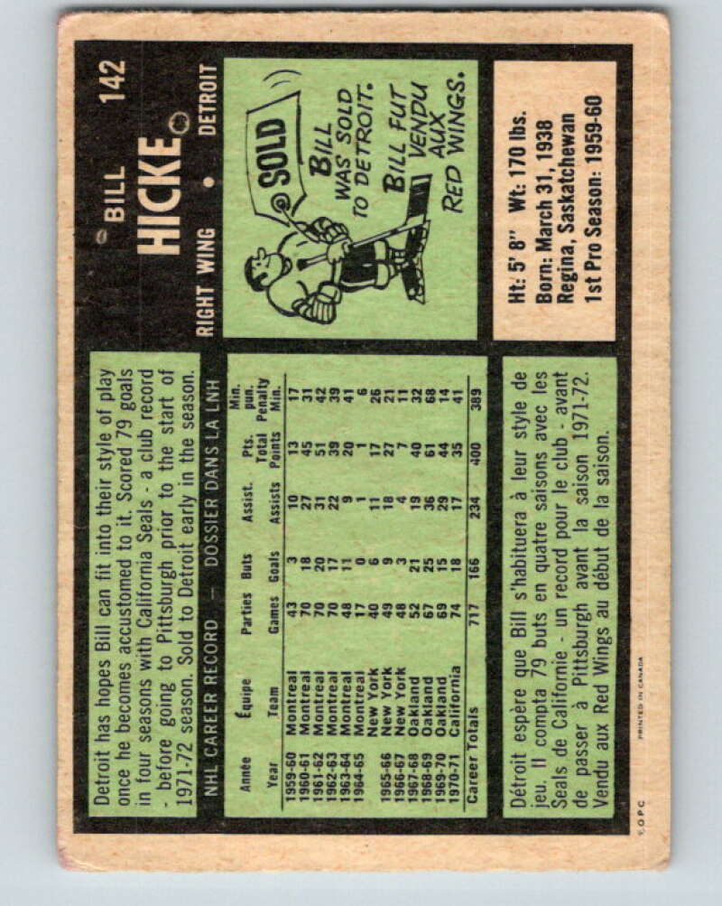 1971-72 O-Pee-Chee #142 Bill Hicke  Detroit Red Wings  V9354