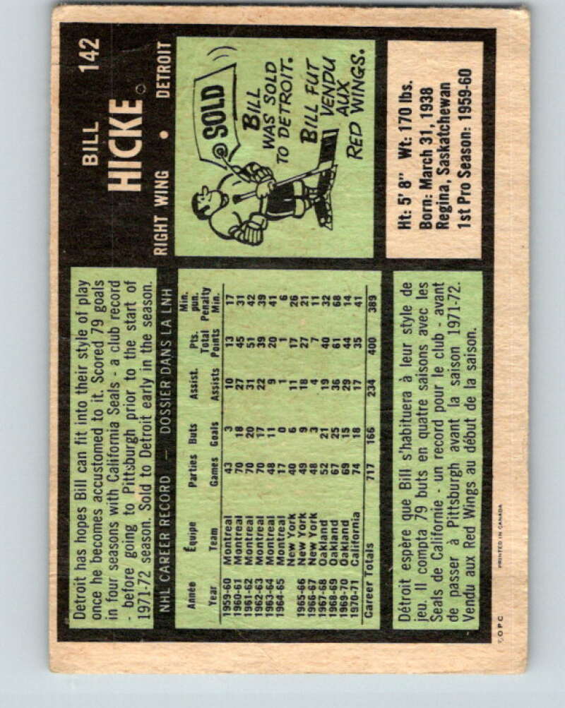 1971-72 O-Pee-Chee #142 Bill Hicke  Detroit Red Wings  V9355