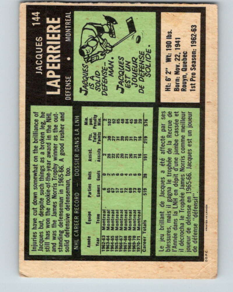 1971-72 O-Pee-Chee #144 Jacques Laperriere  Montreal Canadiens  V9363