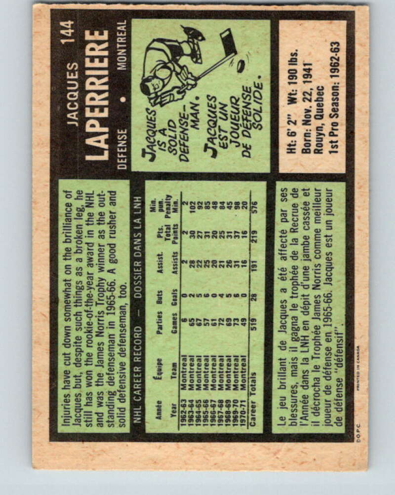 1971-72 O-Pee-Chee #144 Jacques Laperriere  Montreal Canadiens  V9364