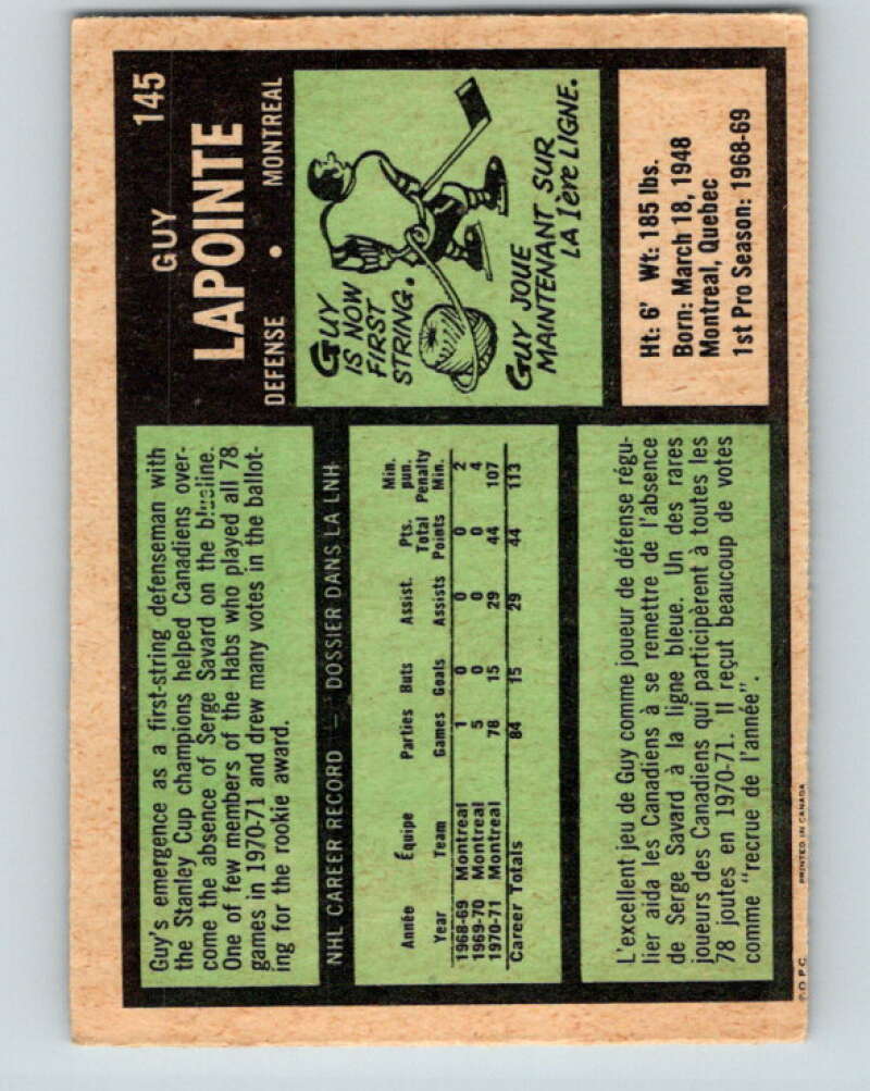 1971-72 O-Pee-Chee #145 Guy Lapointe  Montreal Canadiens  V9370