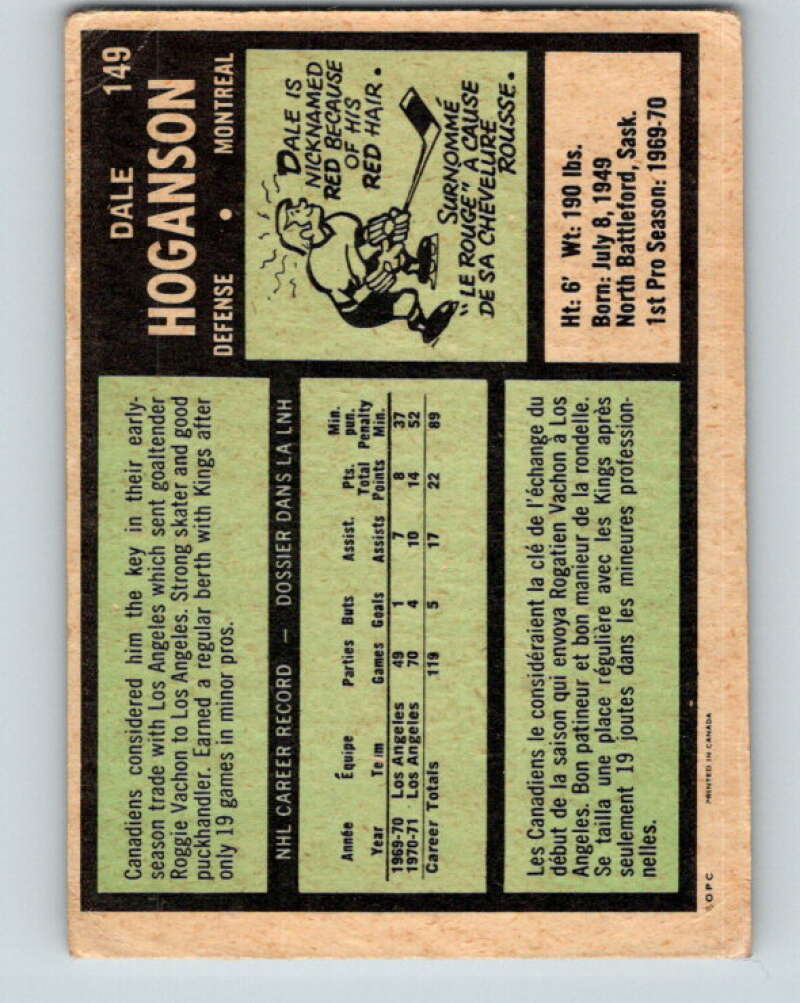1971-72 O-Pee-Chee #149 Dale Hoganson  RC Rookie Montreal Canadiens  V9385