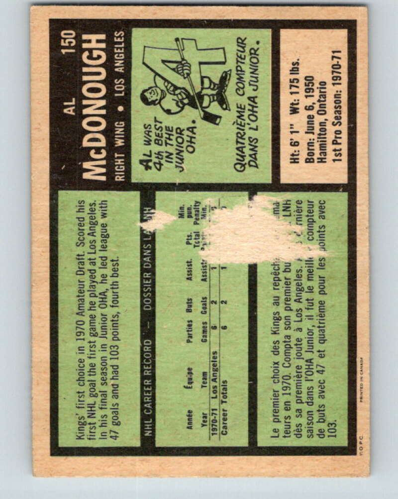 1971-72 O-Pee-Chee #150 Al McDonough  RC Rookie Los Angeles Kings  V9388