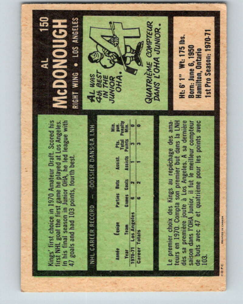 1971-72 O-Pee-Chee #150 Al McDonough  RC Rookie Los Angeles Kings  V9390