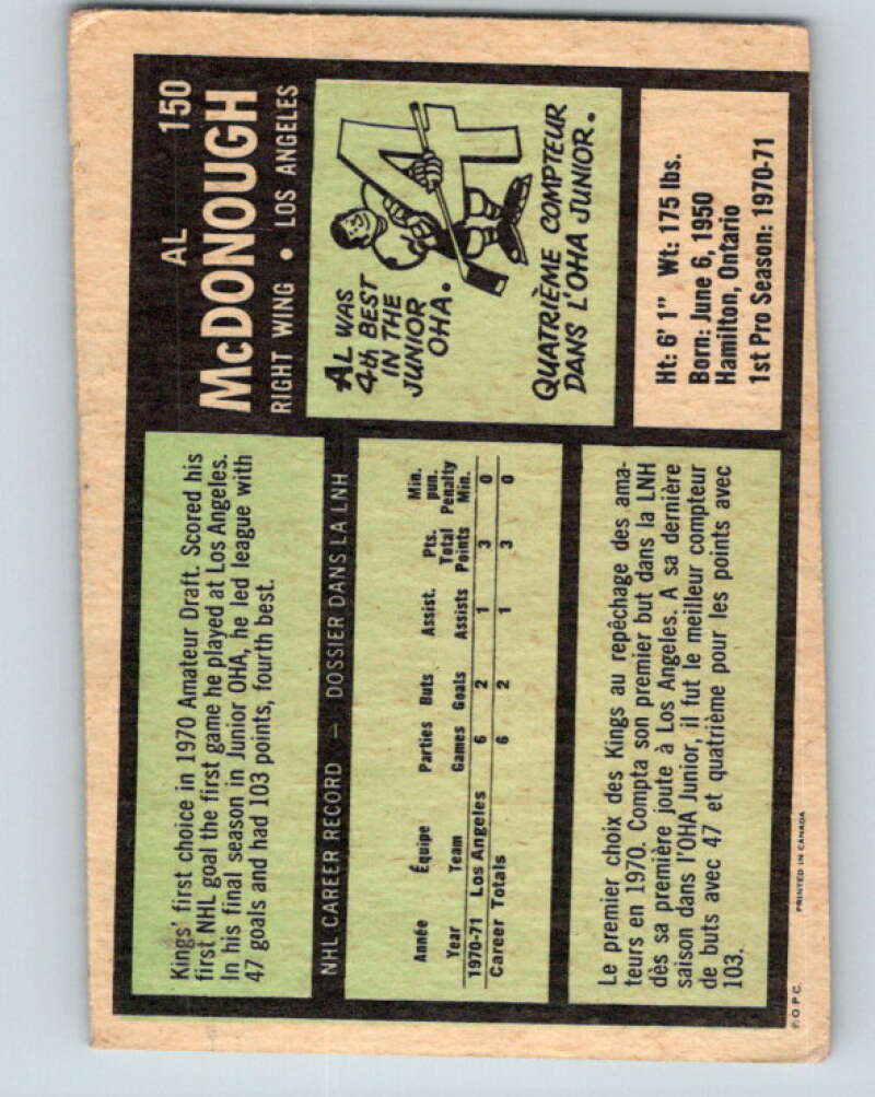 1971-72 O-Pee-Chee #150 Al McDonough  RC Rookie Los Angeles Kings  V9391
