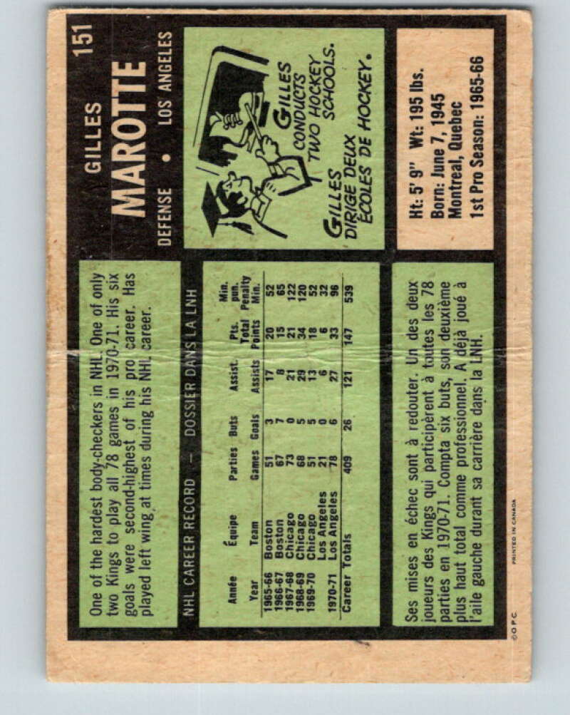 1971-72 O-Pee-Chee #151 Gilles Marotte  Los Angeles Kings  V9396