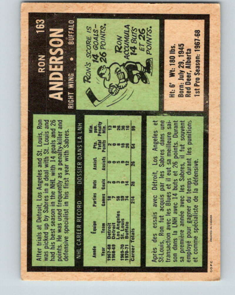1971-72 O-Pee-Chee #163 Ron Anderson  Buffalo Sabres  V9445