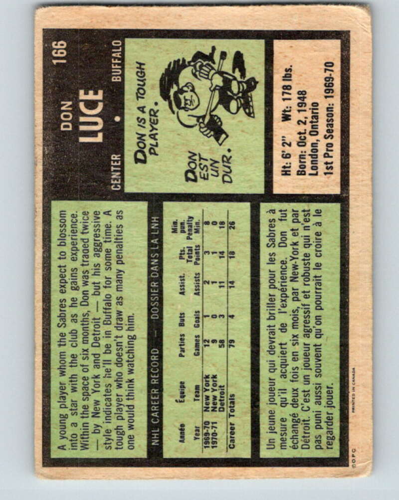 1971-72 O-Pee-Chee #166 Don Luce  RC Rookie Buffalo Sabres  V9461