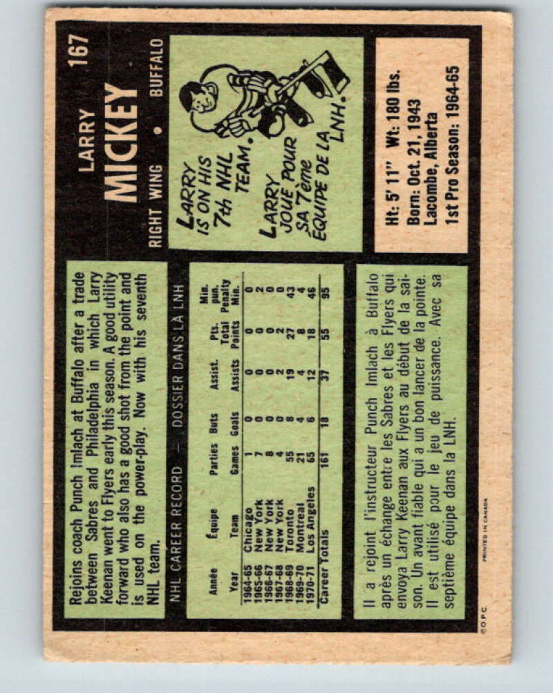 1971-72 O-Pee-Chee #167 Larry Mickey  Buffalo Sabres  V9462