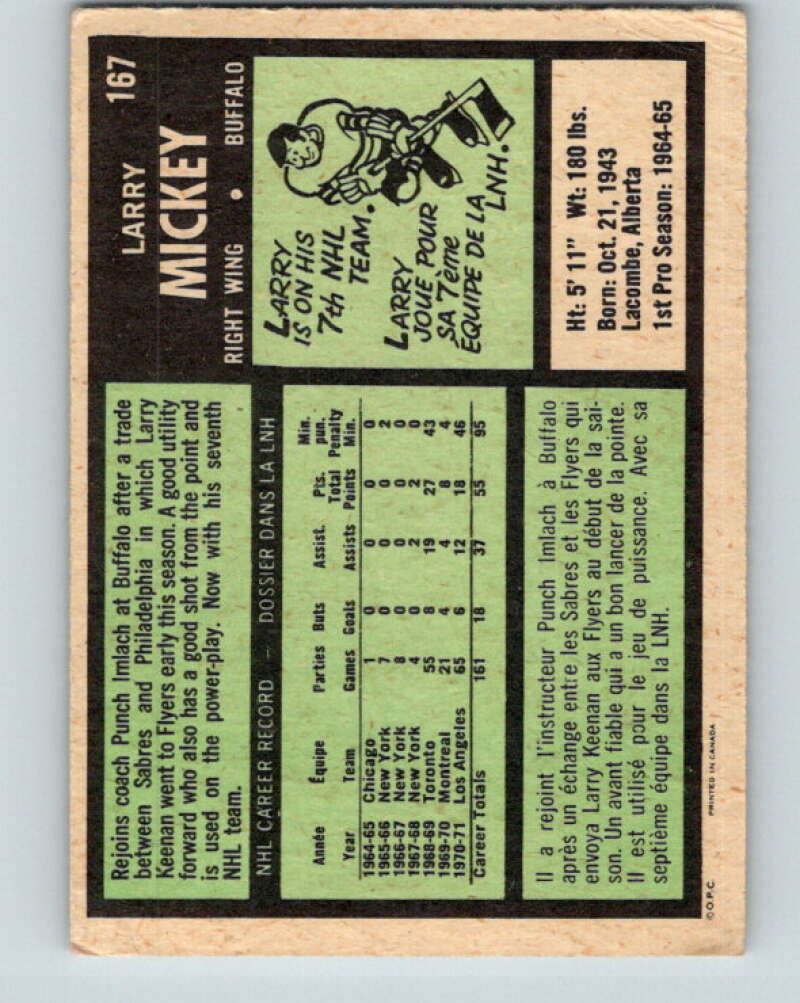 1971-72 O-Pee-Chee #167 Larry Mickey  Buffalo Sabres  V9464