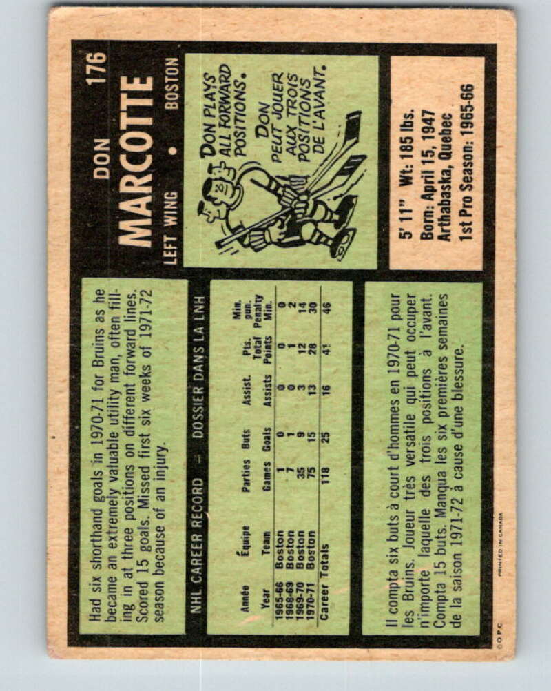 1971-72 O-Pee-Chee #176 Don Marcotte  Boston Bruins  V9501