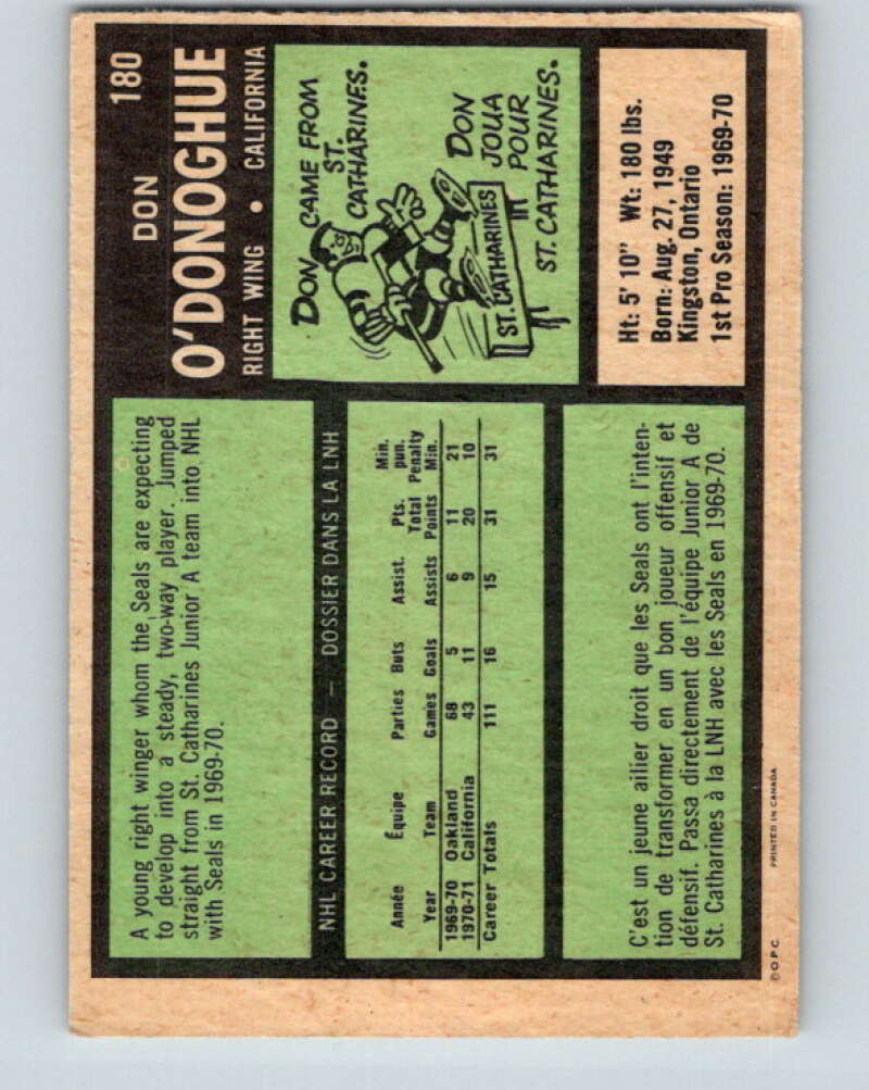 1971-72 O-Pee-Chee #180 Don O'Donoghue  RC Rookie California Golden Seals  V9521
