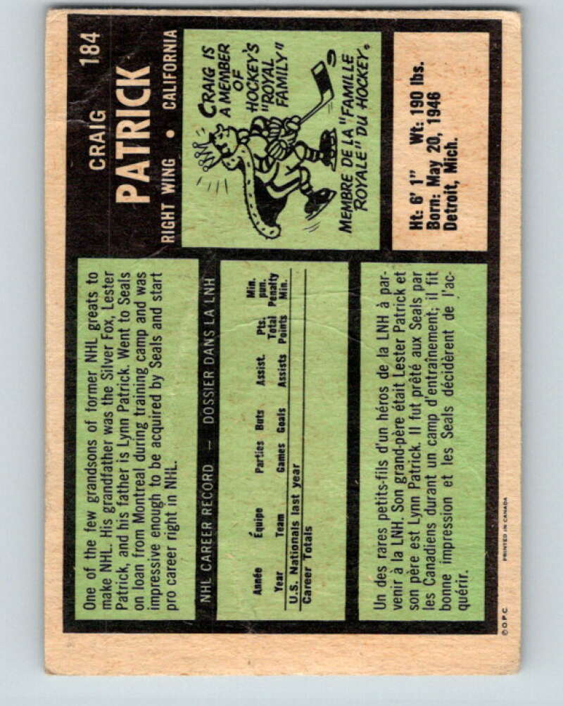 1971-72 O-Pee-Chee #184 Craig Patrick  RC Rookie California Golden Seals  V9534