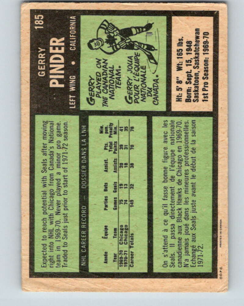1971-72 O-Pee-Chee #185 Gerry Pinder  California Golden Seals  V9538